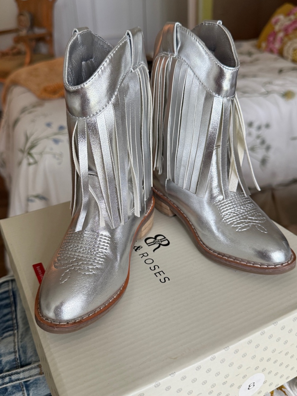 Kids Metallic Silver Fringe Western Boots by White & Roses